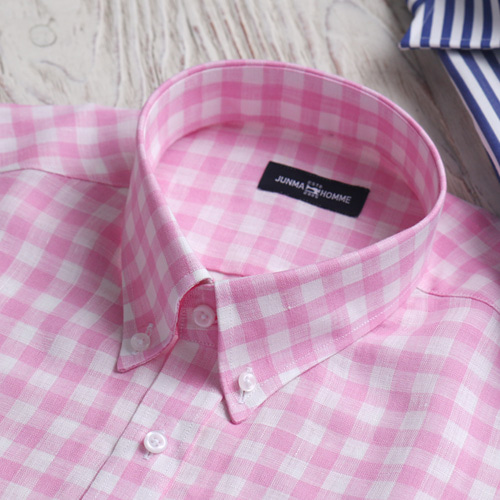 3931 깅엄체크 리넨100% 핑크 맞춤셔츠